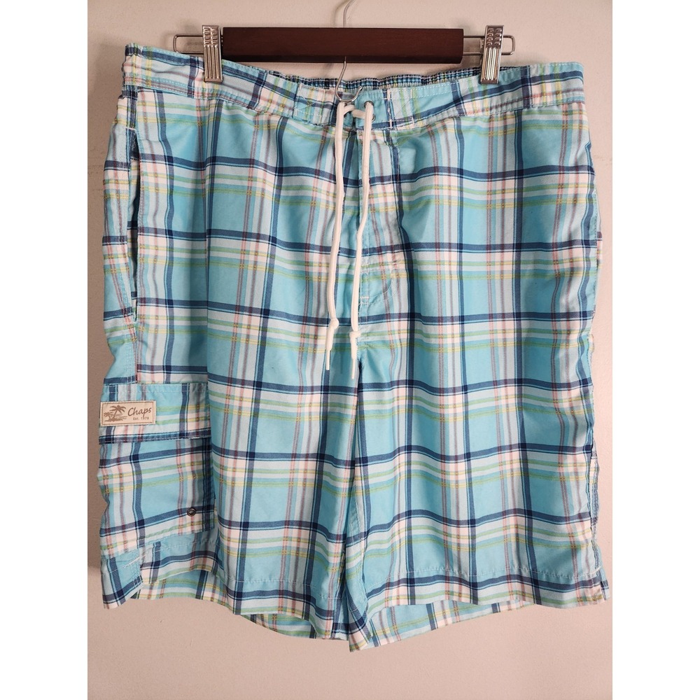Chaps Swim‎ Shorts Mens Large Blue Plaid Logo Beach Boardshorts Swim Surf Cargo
